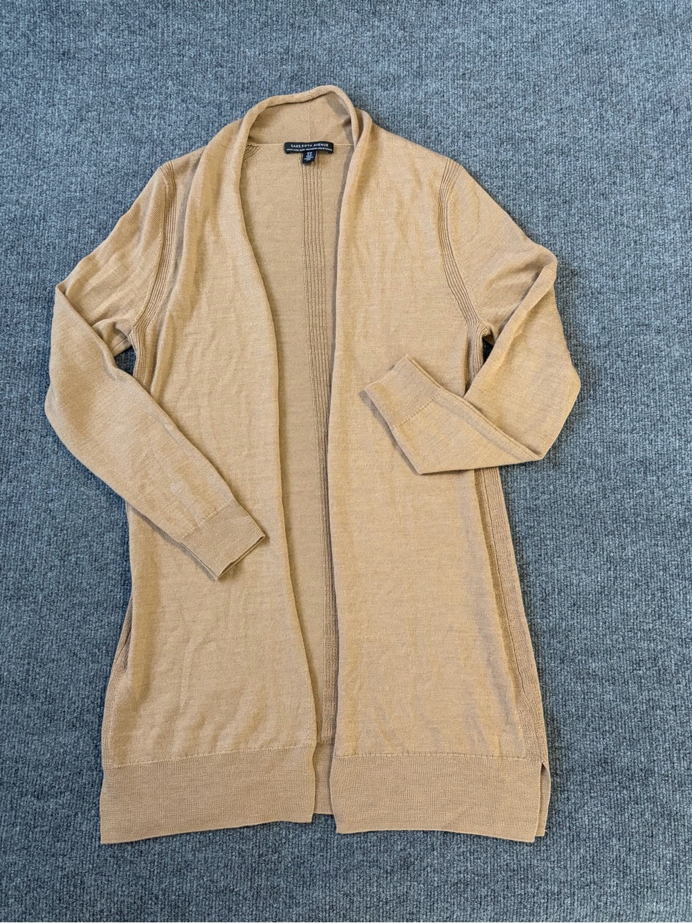 Saks Fifth Avenue Womens M Merino Wool Blend Long Cardigan Camel Tan Open Front